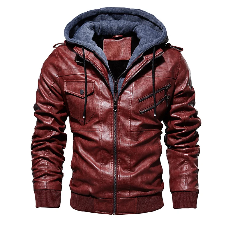Herren Modische Kunstlederjacke mit abnehmbarer Kapuze Drune 1788417814