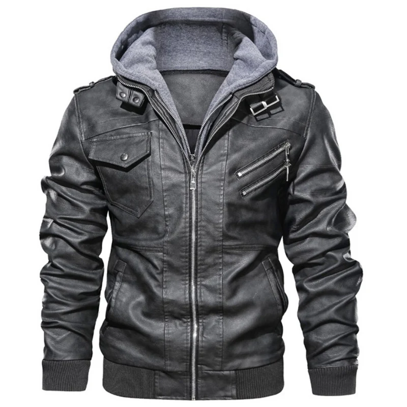 Herren Modische Kunstlederjacke mit abnehmbarer Kapuze Drune 1788417814
