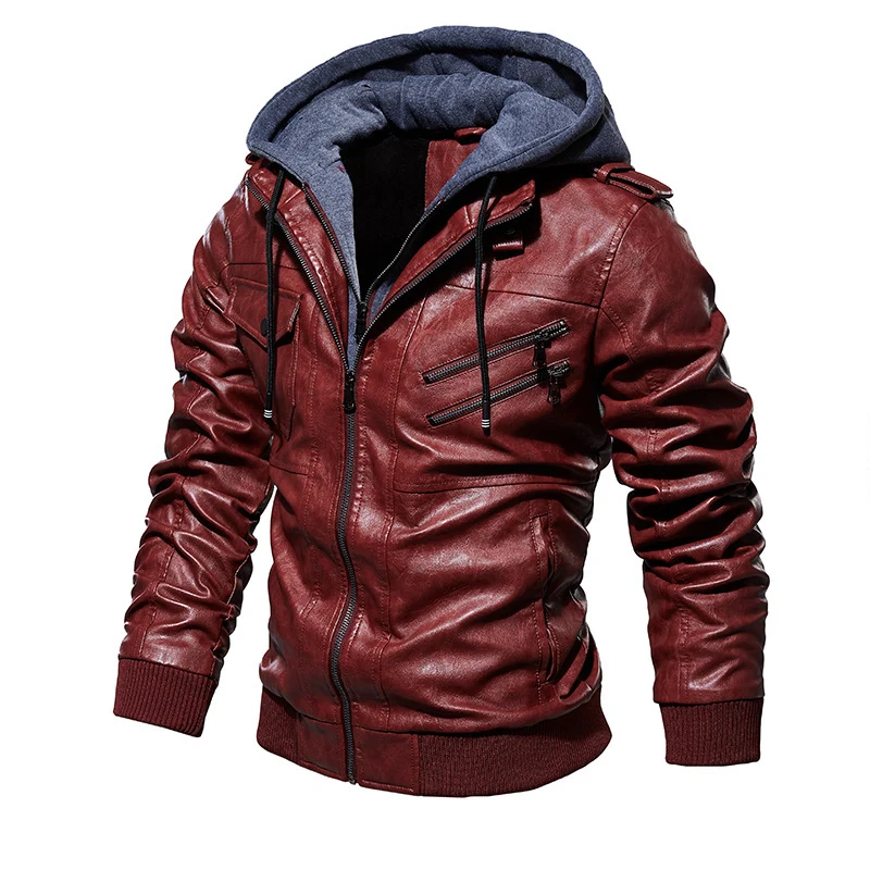 Herren Modische Kunstlederjacke mit abnehmbarer Kapuze Drune 1788417814