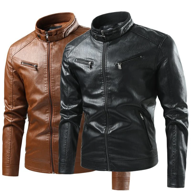 Herren Moderne Kunstlederjacke mit Stehkragen und Reißverschlusstaschen Drune