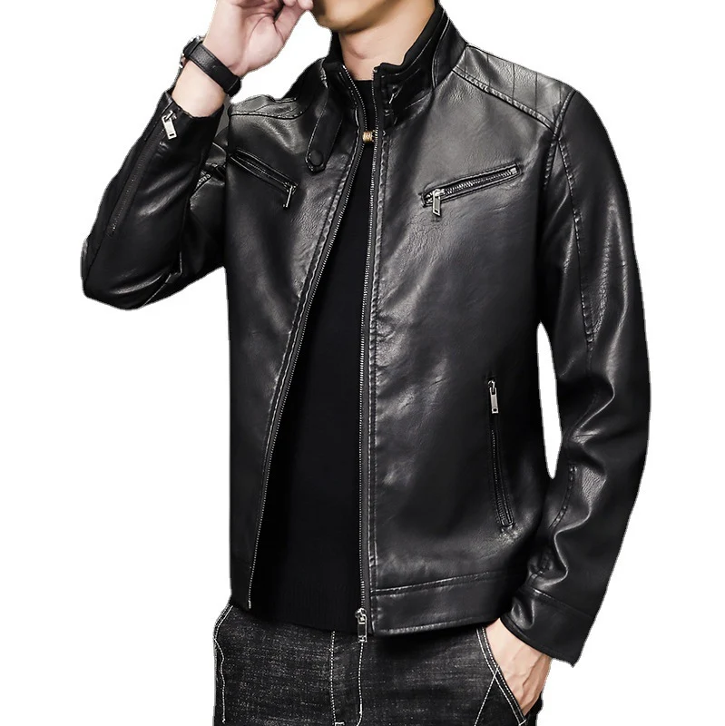 Herren Moderne Kunstlederjacke mit Stehkragen und Reißverschlusstaschen Drune
