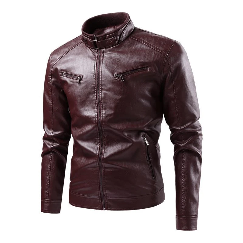 Herren Moderne Kunstlederjacke mit Stehkragen und Reißverschlusstaschen Drune