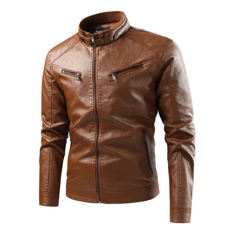 Herren Moderne Kunstlederjacke mit Stehkragen und Reißverschlusstaschen Drune