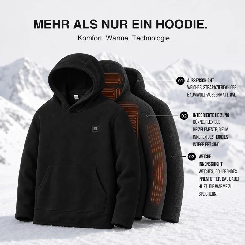 USB Beheizter Hoodie – Unisex Hoodie mit Reißverschluss
