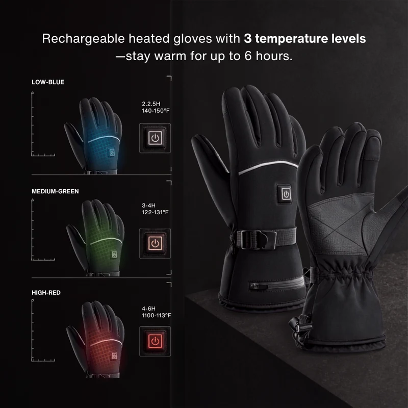 Heated Gloves – 3 Heat Levels, Waterproof & Windproof