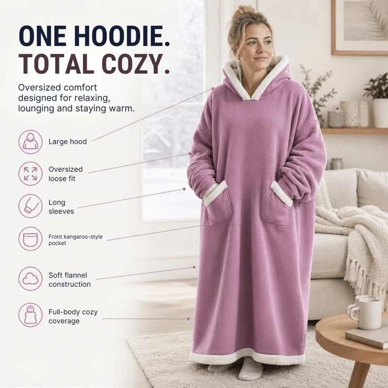 Oversized Flannel Blanket Hoodie – Wearable Blanket with Sleeves & Hood