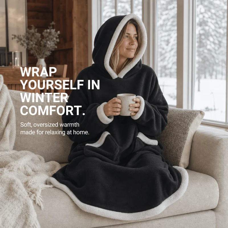 Oversized Flannel Blanket Hoodie – Wearable Blanket with Sleeves & Hood