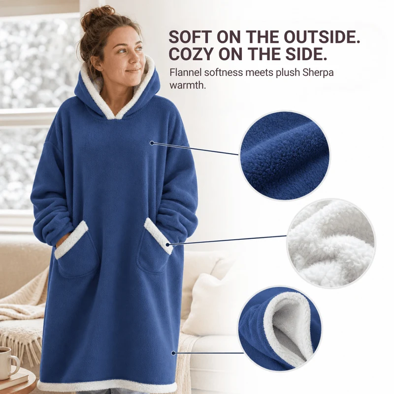 Oversized Flannel Blanket Hoodie – Wearable Blanket with Sleeves & Hood