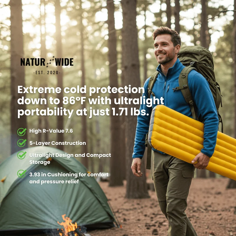 NaturWide 7.6R Camping Sleeping Pad – Ultralight, Self-Inflating & Double-Reinforced