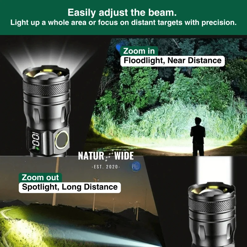 Aluminum LED Flashlight – Rechargeable, Waterproof & Power Display