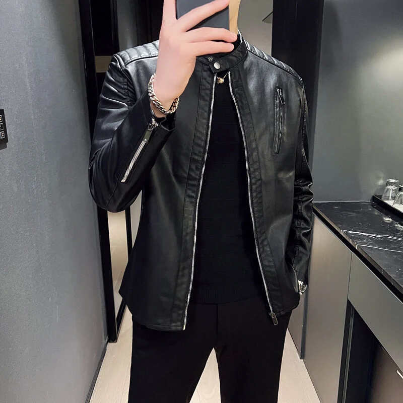 Herren Elegante Lederjacke mit Stehkragen Drune