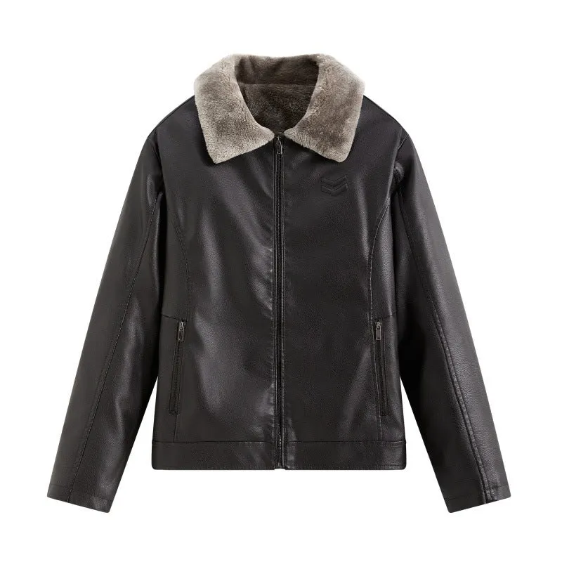 Herren Elegante Lederjacke mit Kunstfellkragen Drune