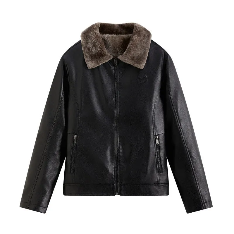 Herren Elegante Lederjacke mit Kunstfellkragen Drune