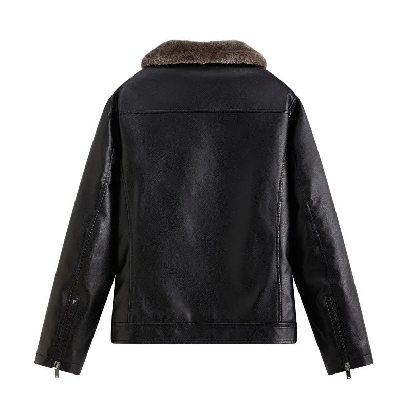 Herren Elegante Lederjacke mit Kunstfellkragen Drune
