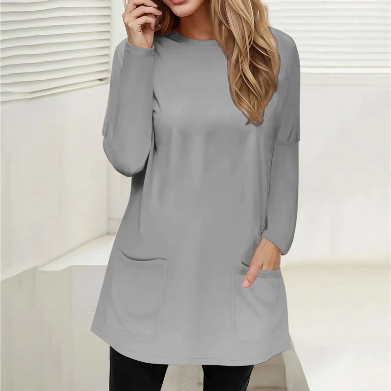 Damen Freizeit Longline Tunika mit Rundhalsausschnitt und aufgesetzten Taschen Drune