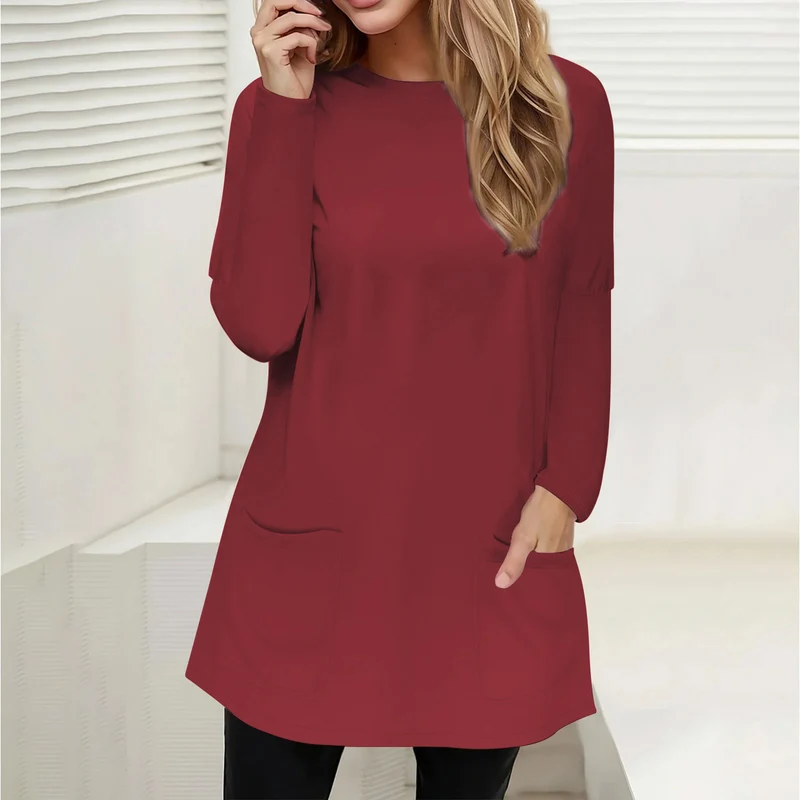 Damen Freizeit Longline Tunika mit Rundhalsausschnitt und aufgesetzten Taschen Drune