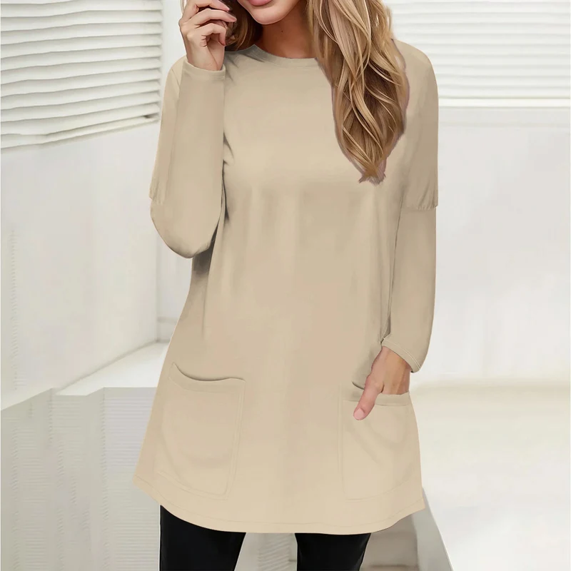 Damen Freizeit Longline Tunika mit Rundhalsausschnitt und aufgesetzten Taschen Drune