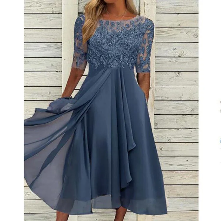 Damen nan ärmelloses Chiffon-Midikleid mit bestickter Brustpartie und asymmetrischem Lagenrock Drune