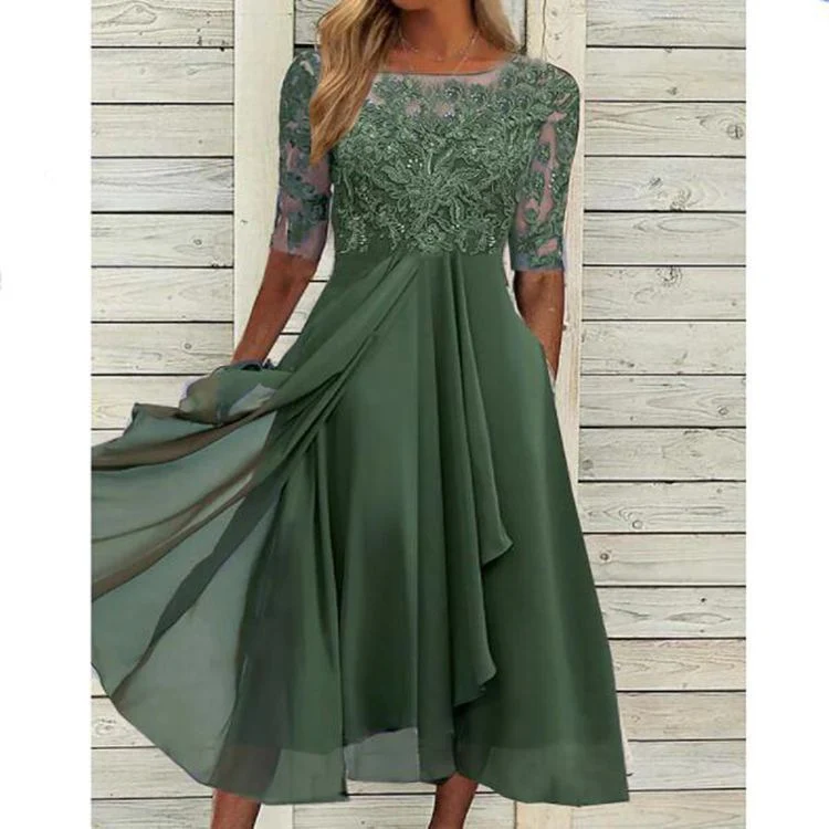 Damen nan ärmelloses Chiffon-Midikleid mit bestickter Brustpartie und asymmetrischem Lagenrock Drune
