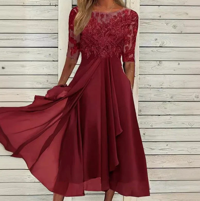 Damen nan ärmelloses Chiffon-Midikleid mit bestickter Brustpartie und asymmetrischem Lagenrock Drune