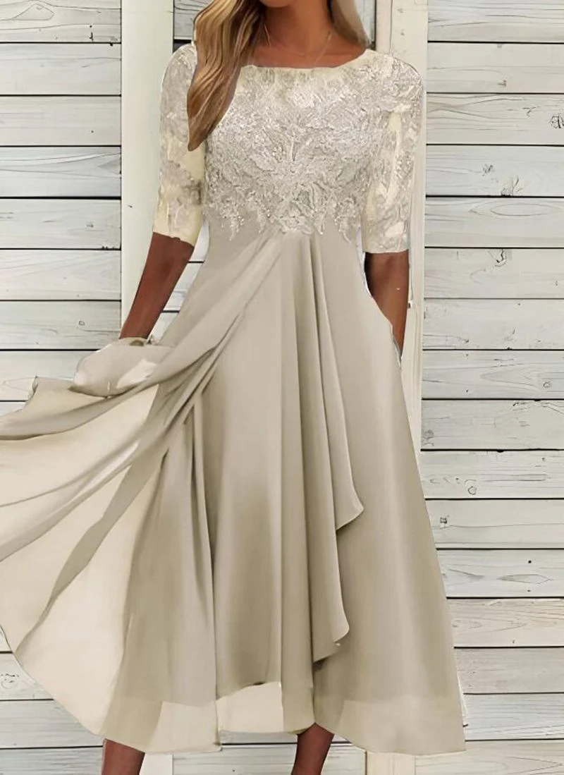 Damen nan ärmelloses Chiffon-Midikleid mit bestickter Brustpartie und asymmetrischem Lagenrock Drune