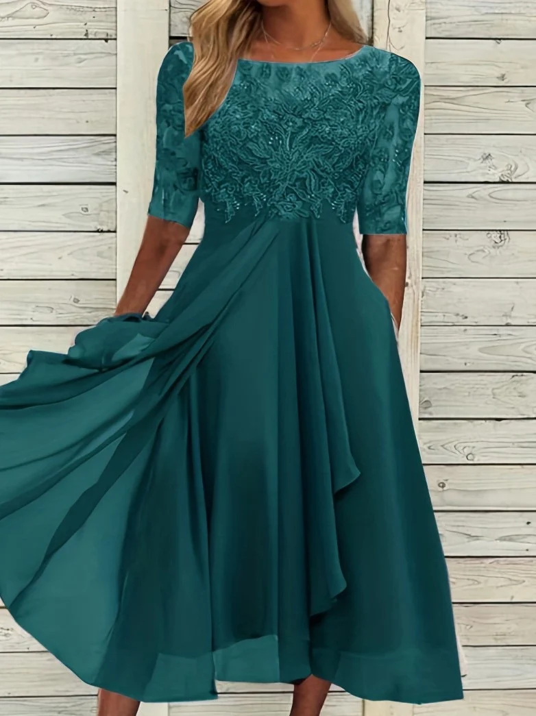 Damen nan ärmelloses Chiffon-Midikleid mit bestickter Brustpartie und asymmetrischem Lagenrock Drune