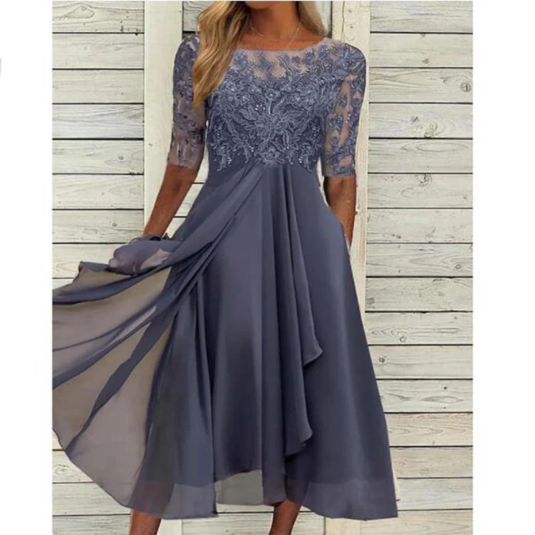 Damen nan ärmelloses Chiffon-Midikleid mit bestickter Brustpartie und asymmetrischem Lagenrock Drune