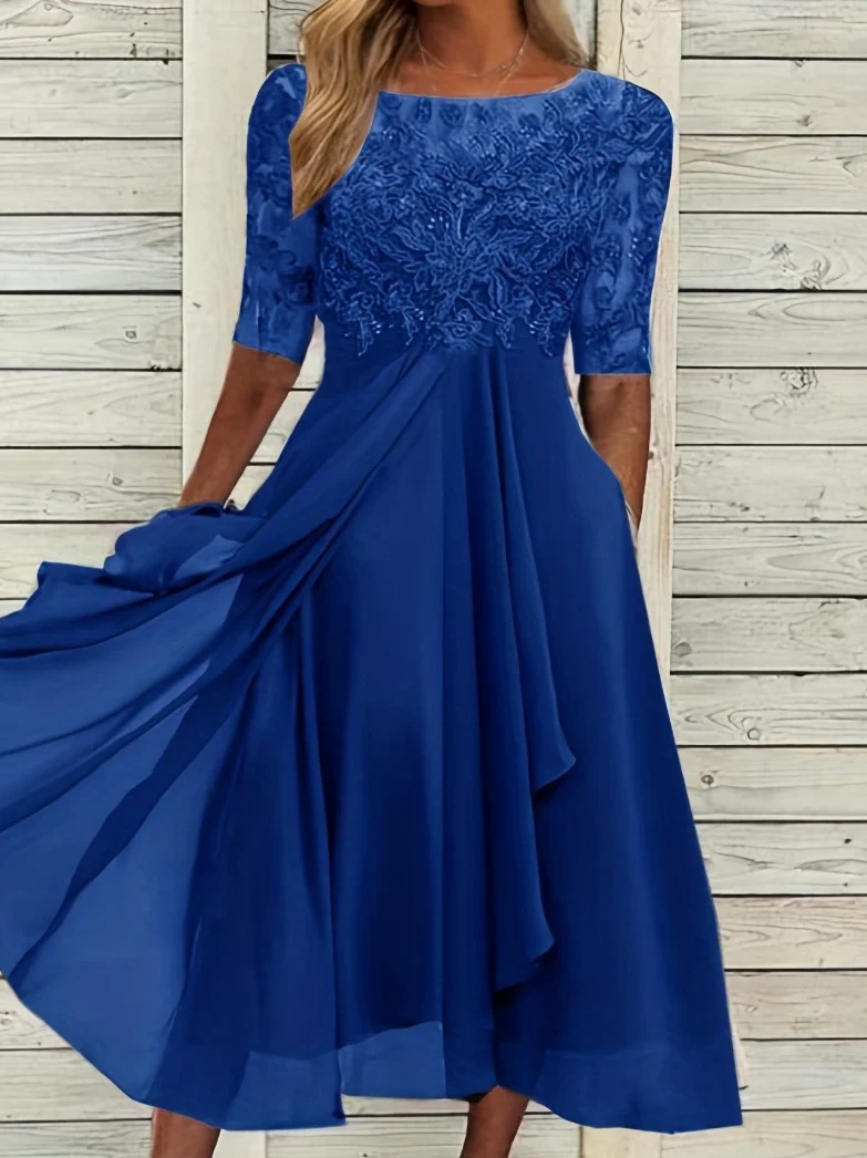 Damen nan ärmelloses Chiffon-Midikleid mit bestickter Brustpartie und asymmetrischem Lagenrock Drune