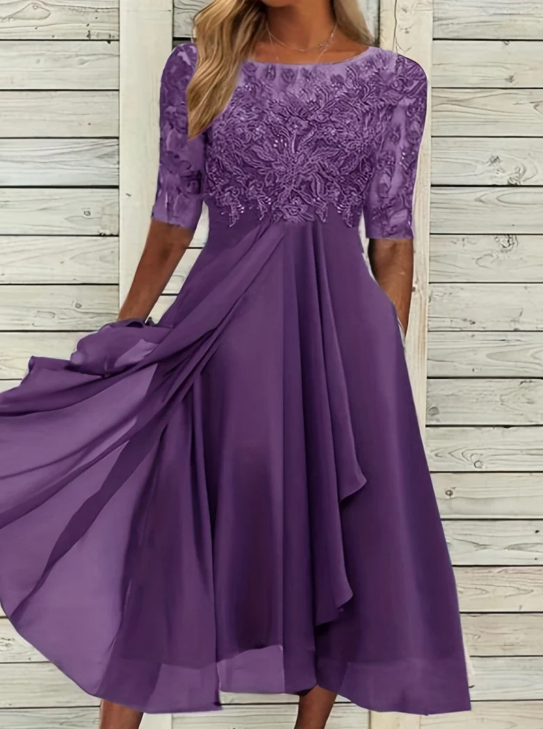 Damen nan ärmelloses Chiffon-Midikleid mit bestickter Brustpartie und asymmetrischem Lagenrock Drune