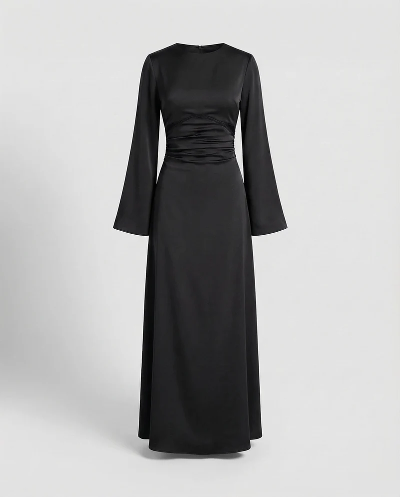 Damen Satin-Abendkleid Lange Glockenärmel