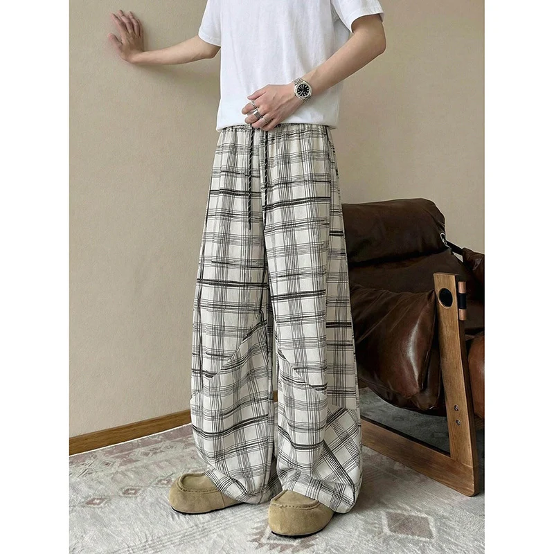 Herren weite karierte Lounge-Hose mit elastischem Bund und Tunnelzug Drune