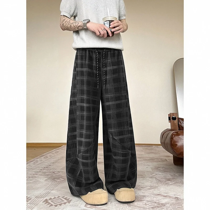 Herren weite karierte Lounge-Hose mit elastischem Bund und Tunnelzug Drune