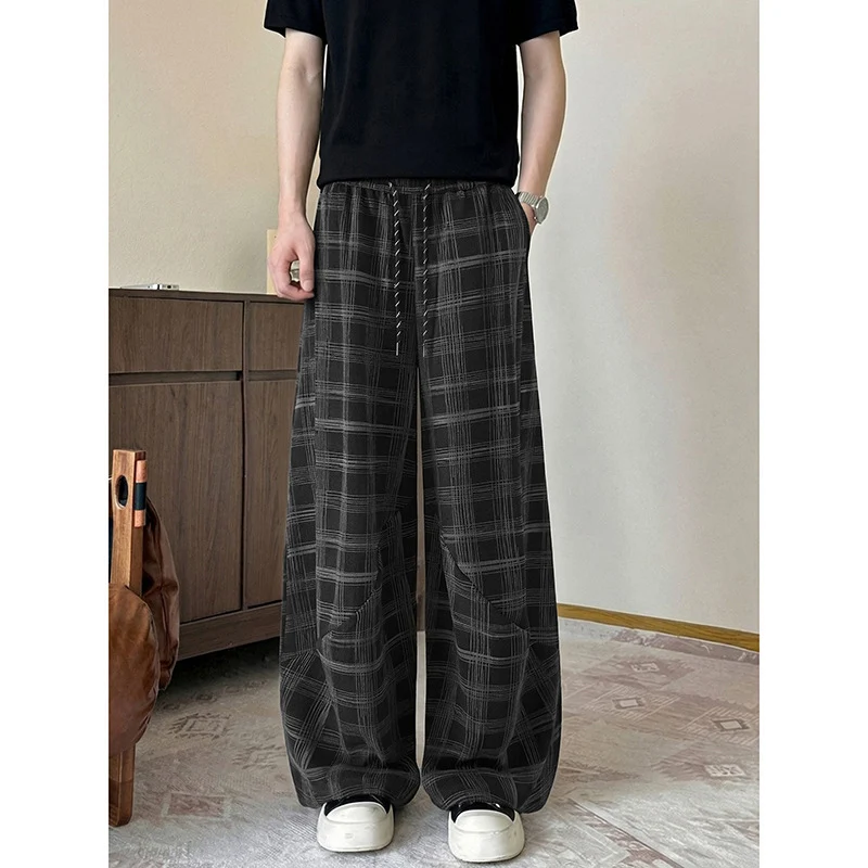 Herren weite karierte Lounge-Hose mit elastischem Bund und Tunnelzug Drune