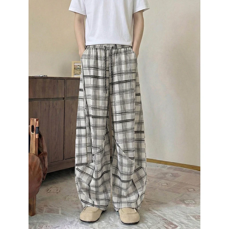 Herren weite karierte Lounge-Hose mit elastischem Bund und Tunnelzug Drune