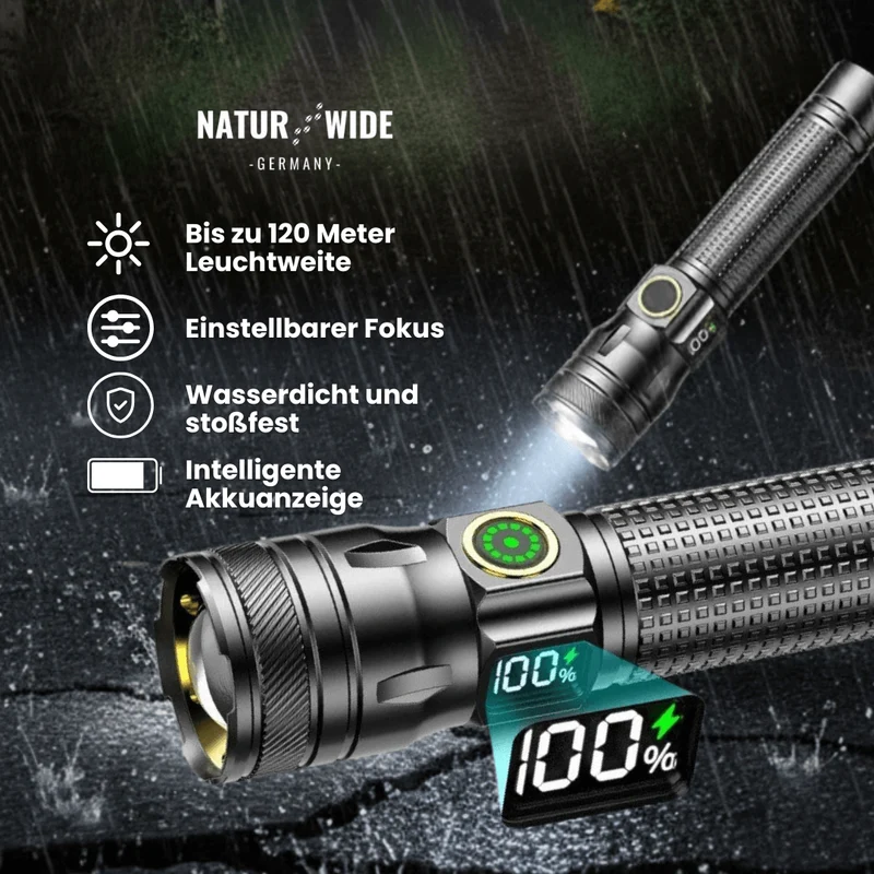 Aluminium LED Taschenlampe – Wiederaufladbar, Wasserdicht & Power-Display