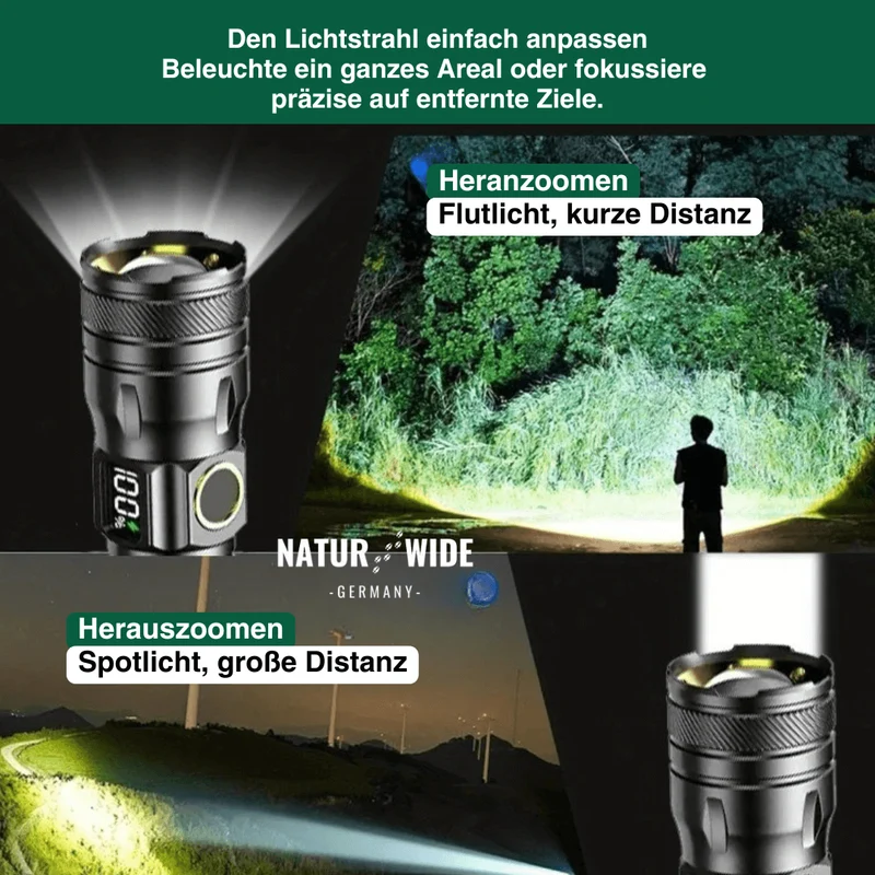 Aluminium LED Taschenlampe – Wiederaufladbar, Wasserdicht & Power-Display