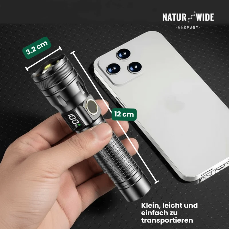 Aluminium LED Taschenlampe – Wiederaufladbar, Wasserdicht & Power-Display