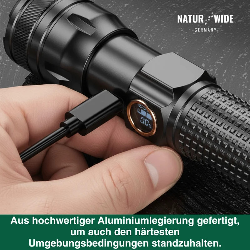 Aluminium LED Taschenlampe – Wiederaufladbar, Wasserdicht & Power-Display