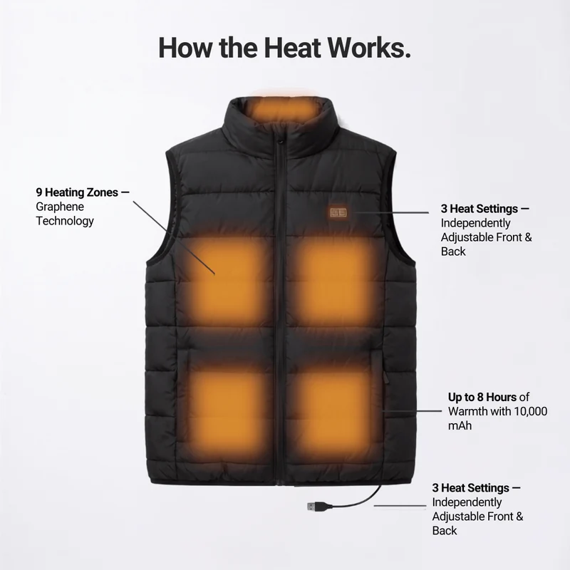 Heated Vest – 9 Heating Zones, USB Rechargeable & Waterproof