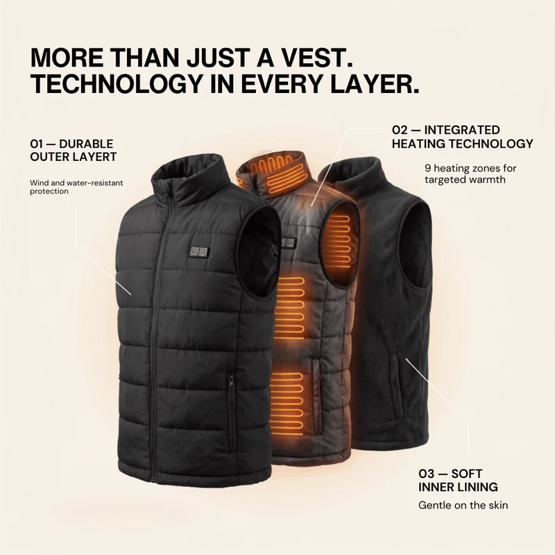 Heated Vest – 9 Heating Zones, USB Rechargeable & Waterproof