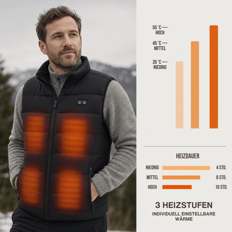 Beheizte Weste mit 9 Heiz-Zonen – Ultraleicht, USB-betrieben & ideal für Outdoor-Abenteuer