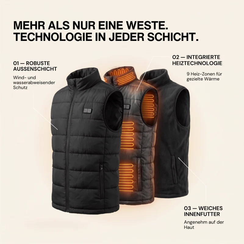 Beheizte Weste mit 9 Heiz-Zonen – Ultraleicht, USB-betrieben & ideal für Outdoor-Abenteuer