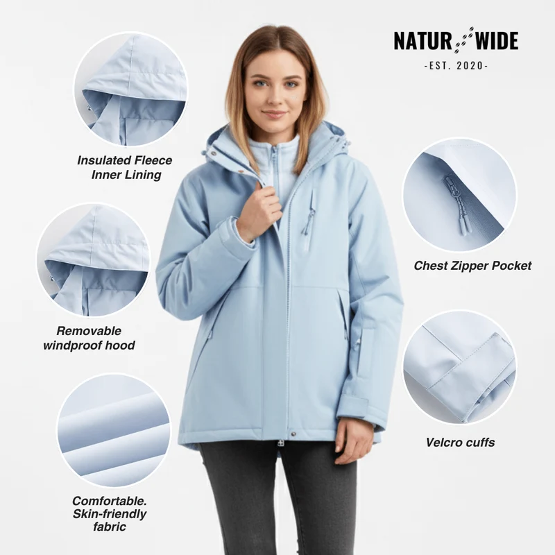 Women's 2-in-1 Waterproof Jacket – Breathable, Windproof with Removable Fleece