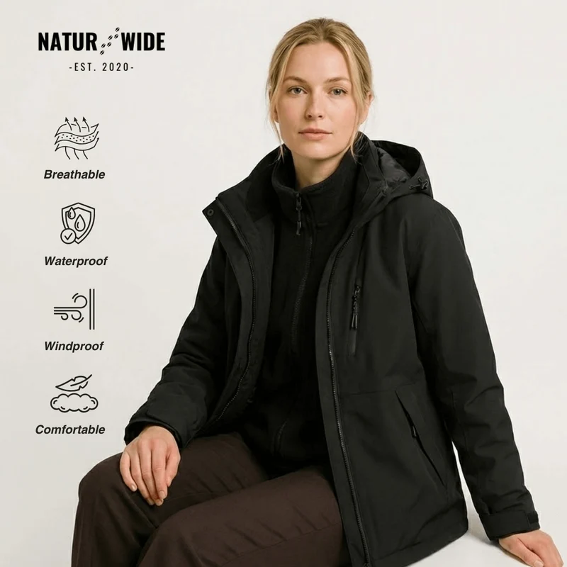 Women's 2-in-1 Waterproof Jacket – Breathable, Windproof with Removable Fleece
