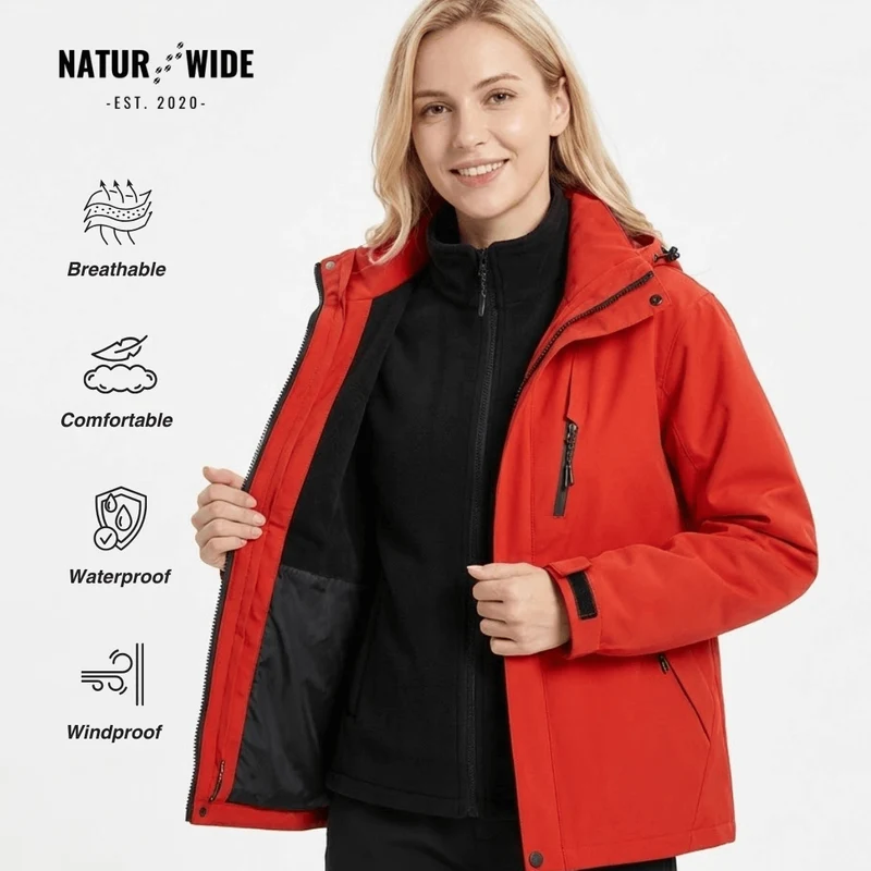 Women's 2-in-1 Waterproof Jacket – Breathable, Windproof with Removable Fleece