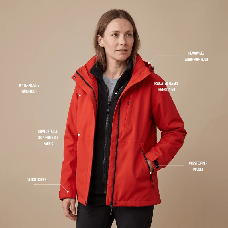 Women's 2-in-1 Waterproof Jacket – Breathable, Windproof with Removable Fleece