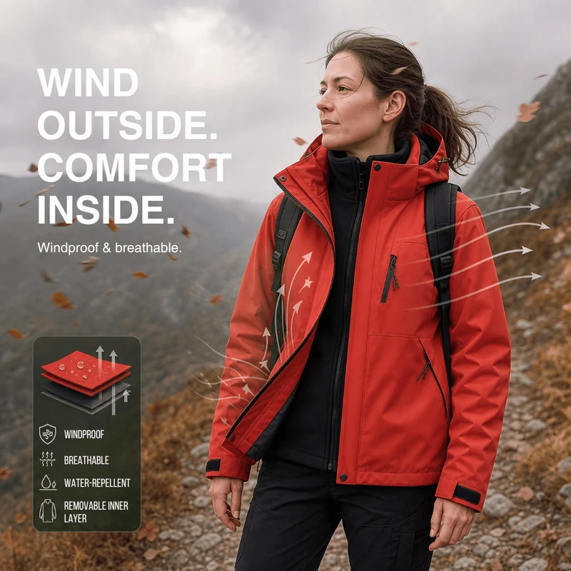 Women's 2-in-1 Waterproof Jacket – Breathable, Windproof with Removable Fleece