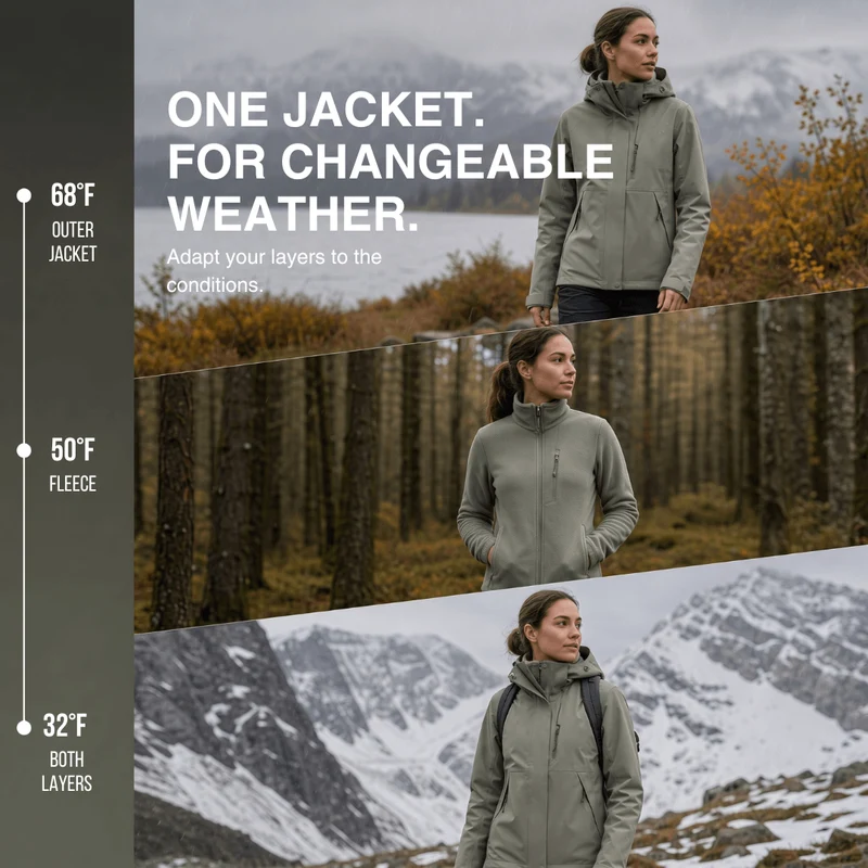 Women's 2-in-1 Waterproof Jacket – Breathable, Windproof with Removable Fleece