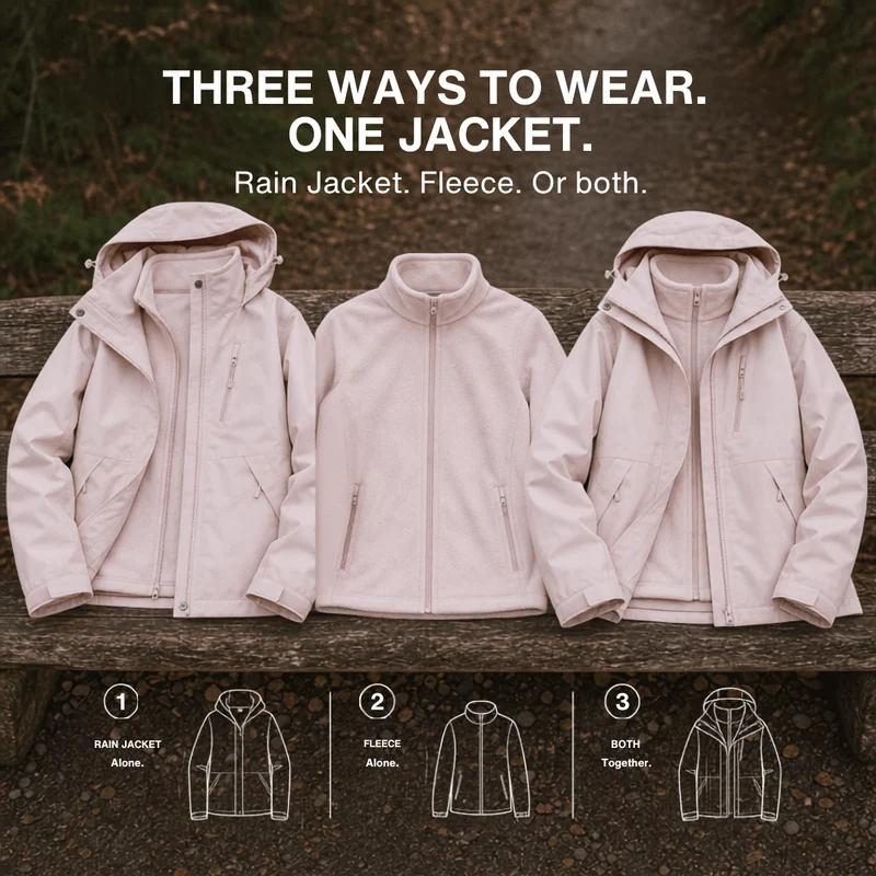 Women's 2-in-1 Waterproof Jacket – Breathable, Windproof with Removable Fleece