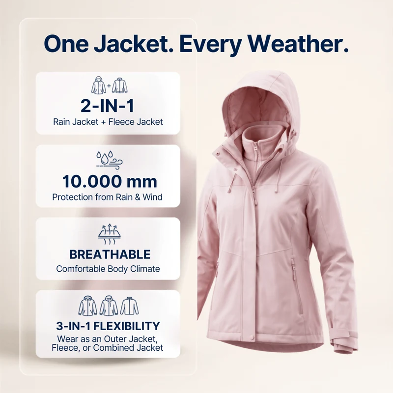 Women's 2-in-1 Waterproof Jacket – Breathable, Windproof with Removable Fleece